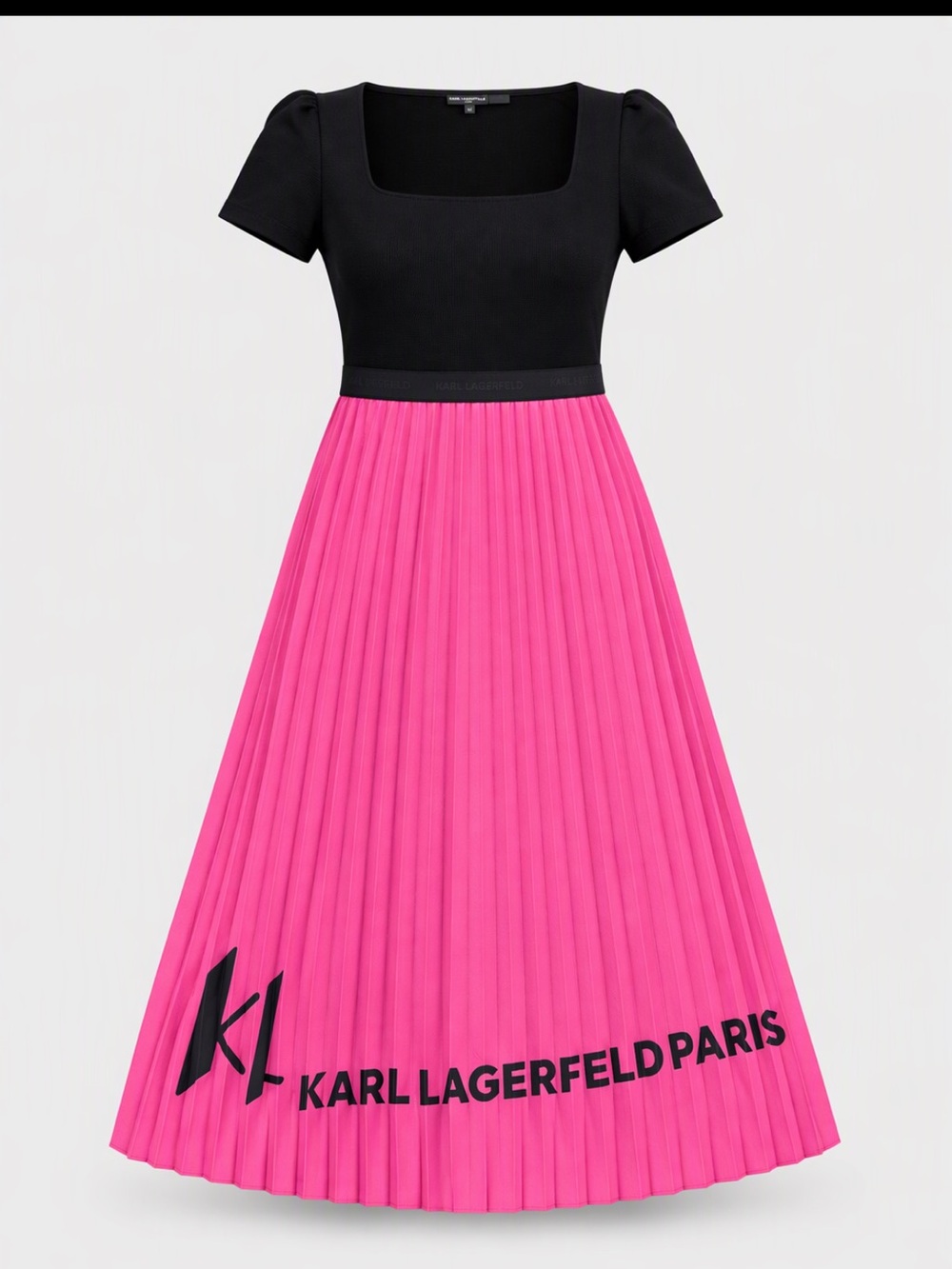 Karl Lagerfeld Black & Hot Pink Pleated Logo Midi Dress - Picture 2 of 5